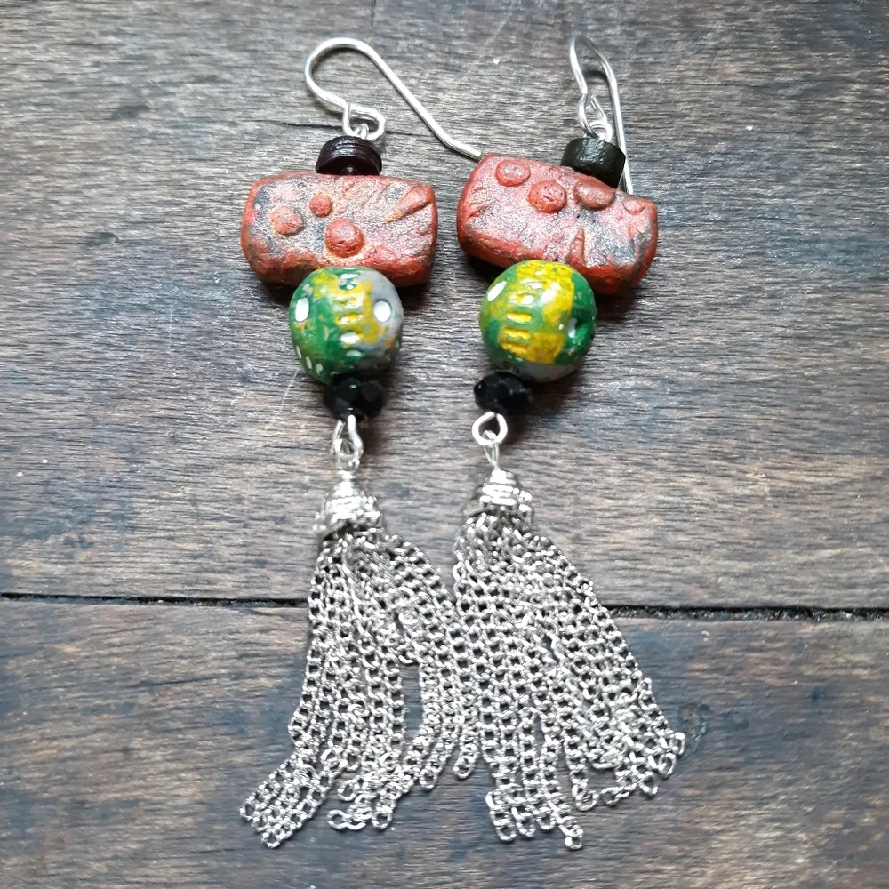 Blue Honey Jewelry Pottery Tassel Earrings NWT - Picture 1 of 6